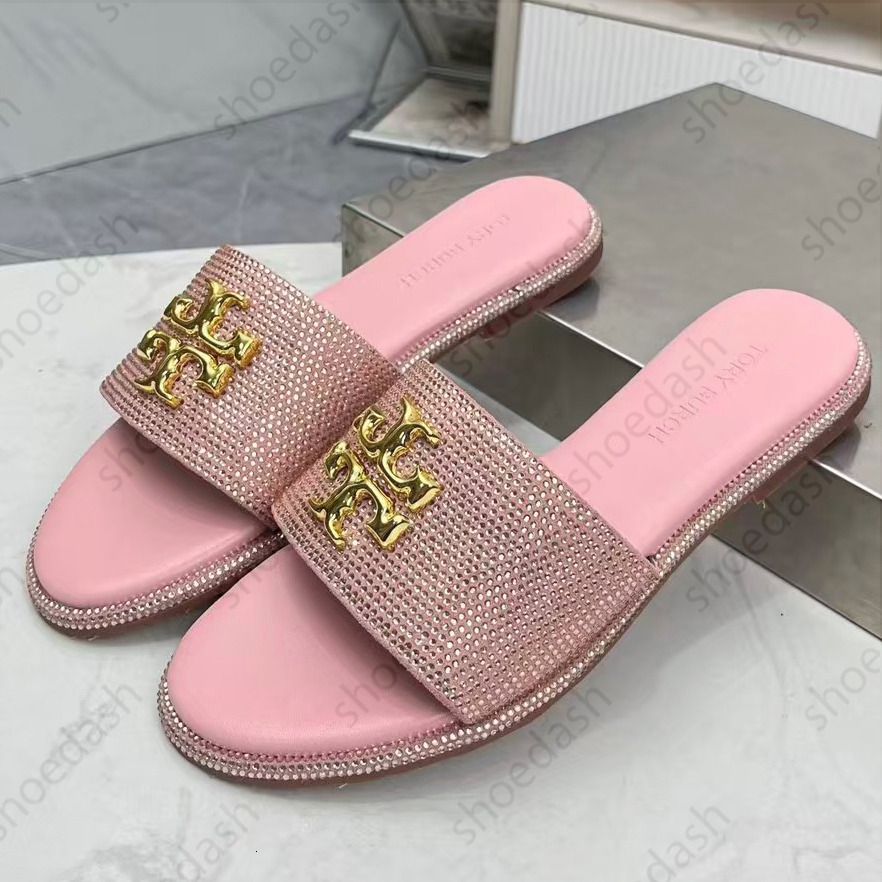 Designer Shoes Eleanor Metal Logo Decor Slide Slippers Women Rhinestone Flat Open Toe Slip On Sandals Summer Beach Casual Outdoor Daily Shoes - 4 of 8