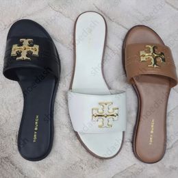 Designer Shoes Eleanor Metal Logo Decor Slide Slippers Women Rhinestone Flat Open Toe Slip On Sandals Summer Beach Casual Outdoor Daily Shoes - huaqiangbeibuy