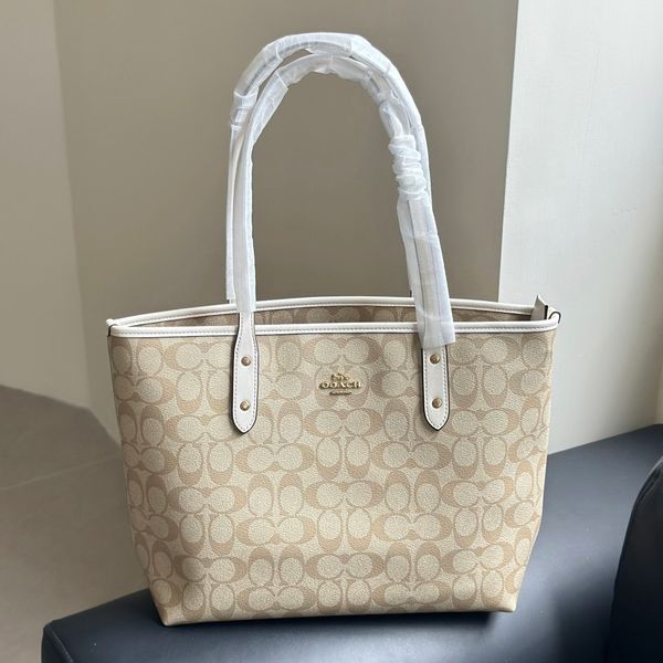 Women's Beige Classic Signature Tote Bag Top Handle Large Capacity White Trim Gold Hardware Zipper Closure Casual Handbag For Work Commute Shopping Travel - Bags, Luggage & Accessories - huaqiangbeibuy
