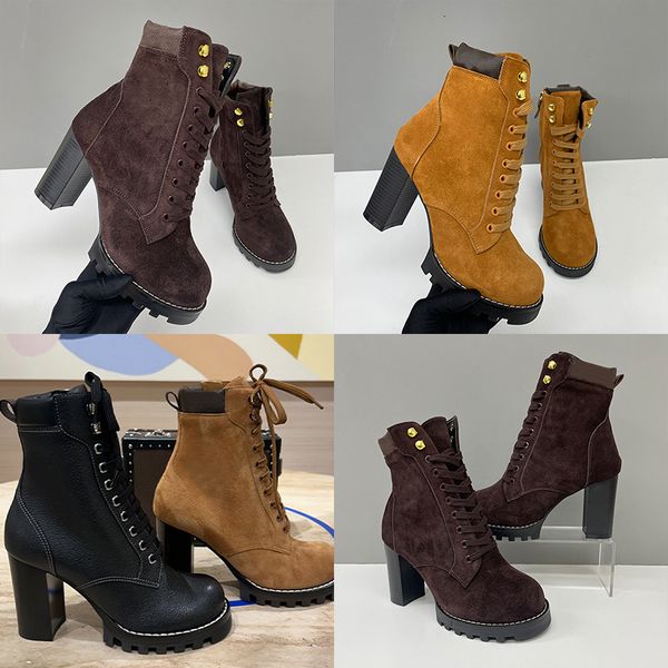 2026 Luxury Star Trail Ankle Boots Premium Women's Suede Calf Leather High-Heel Boot Camel Brown Chunky Block Heels Trendy Winter Footwear 1178 - Shoes & Accessories - huaqiangbeibuy