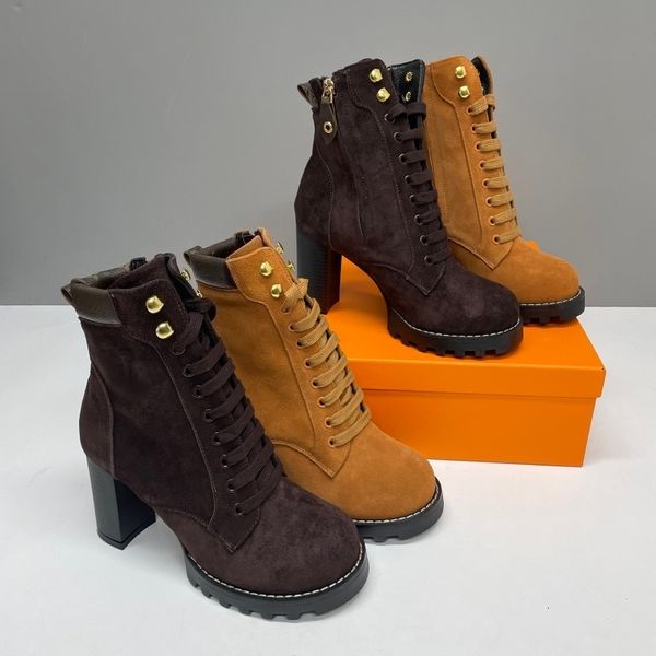 Star Trail Ankle Boots New Women Designer brown Suede Calf Leather High Heel Lug Sole Lace Up Combat Booties Winter Warm Shoes Large Size EU42 1178 - Shoes & Accessories - huaqiangbeibuy