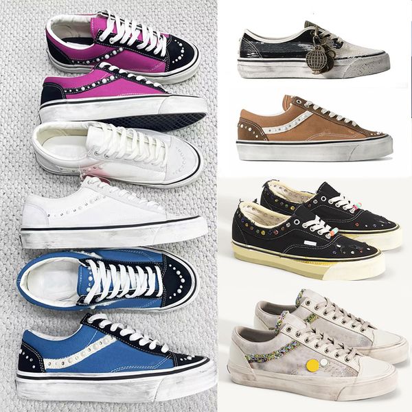 Designer Men Women Vintage Distressed Canvas Trainers Luxury Pearl Side Stripe Sneakers Multi Material Spliced Lace Up Walking Shoes 1083 - Shoes & Accessories - huaqiangbeibuy