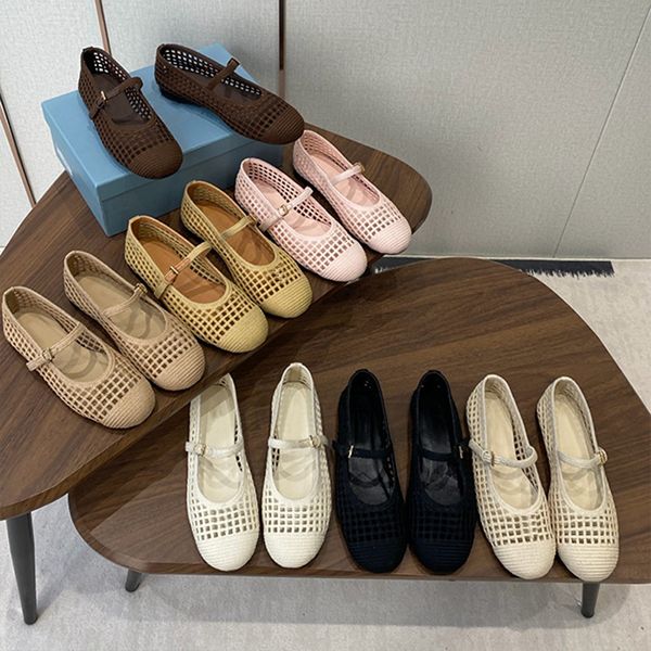 2026 Designer Crochet Knit Hollow Out Ballerina Flats Women Woven Mesh Mary Jane Shoes Triangle Breathable Adjustable Ankle Strap Casual Flat Pumps 1138 - Shoes & Accessories - huaqiangbeibuy