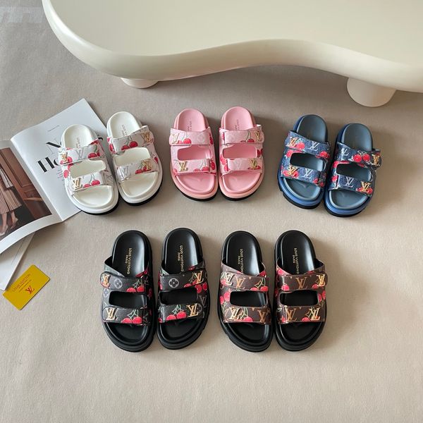 LV x TM Pool Pillow Flat Mule Cherry Print Platform Slide Sandals Women Adjustable Double Strap Metal Thick Sole Casual Outdoor Beach Couple Slippers Multiple colors - Shoes & Accessories - huaqiangbeibuy